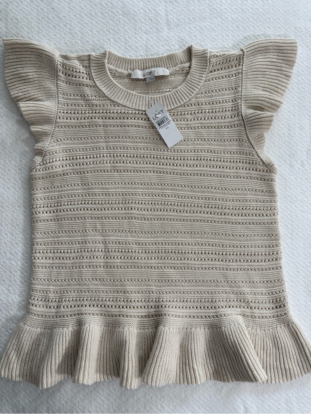 LOFT NWT Flutter Sleeve Pointelle Peplum Sweater Top XS Cream 100% Cotton - Picture 2 of 8